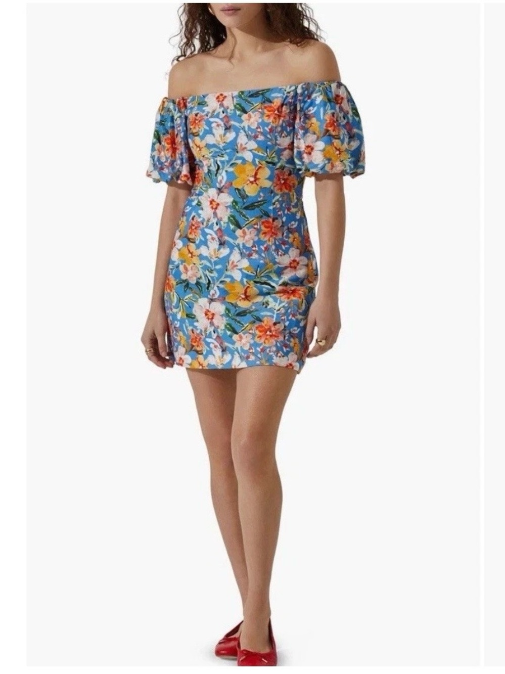 NWT ASTR The Label Blue Tropical Floral Off Shoulder Puff Sleeve Mini Dress XS